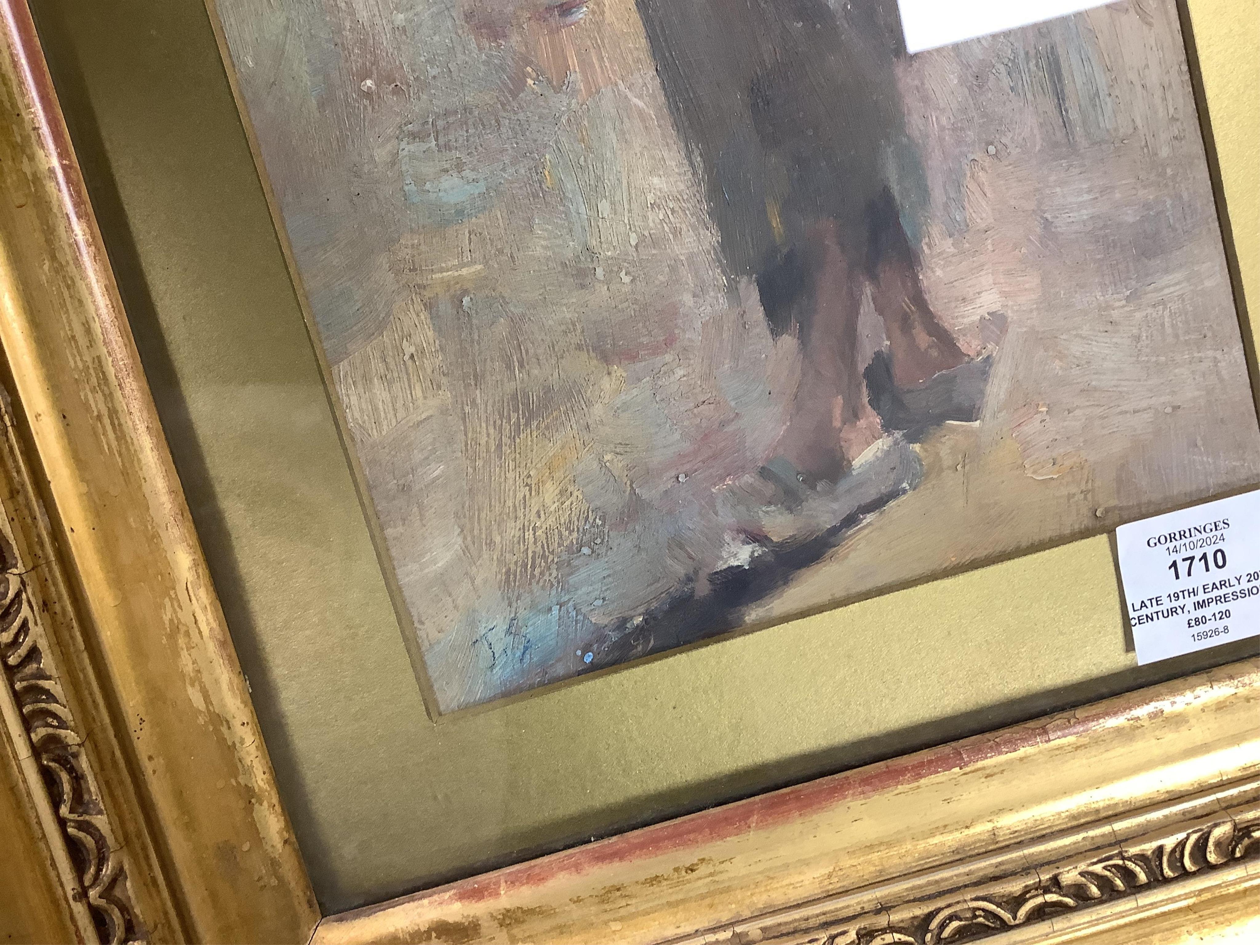 Late 19th/ early 20th century, Impressionist oil on board, Full length study of an oyster picker, initialled J.S, 37 x 18cm, ornate gilt framed. Condition - fair to good, would benefit from a clean